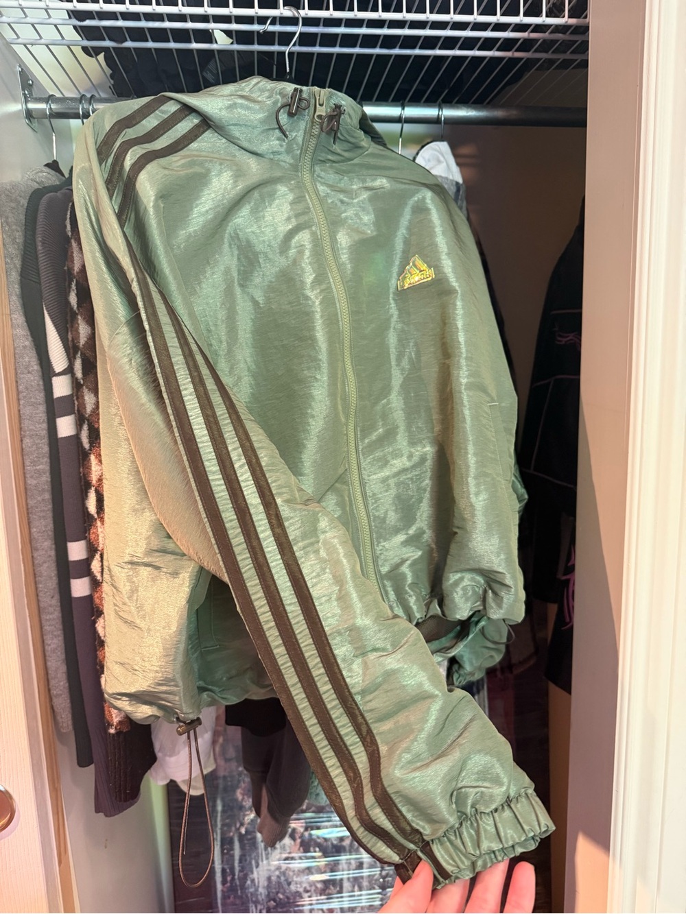 adidas Green Shiny Bomber Jacket with Brown Three-Stripes